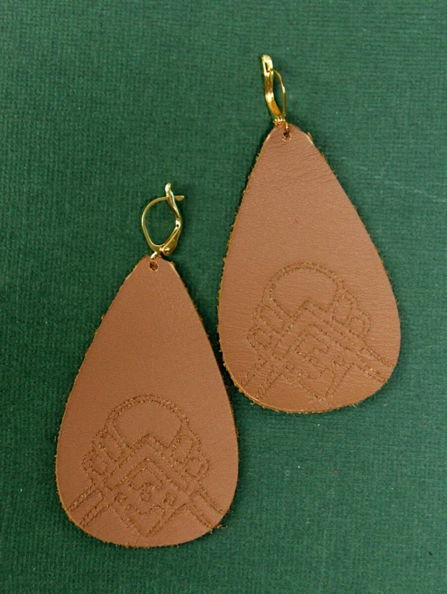Brown leather engraved tear drop earrings