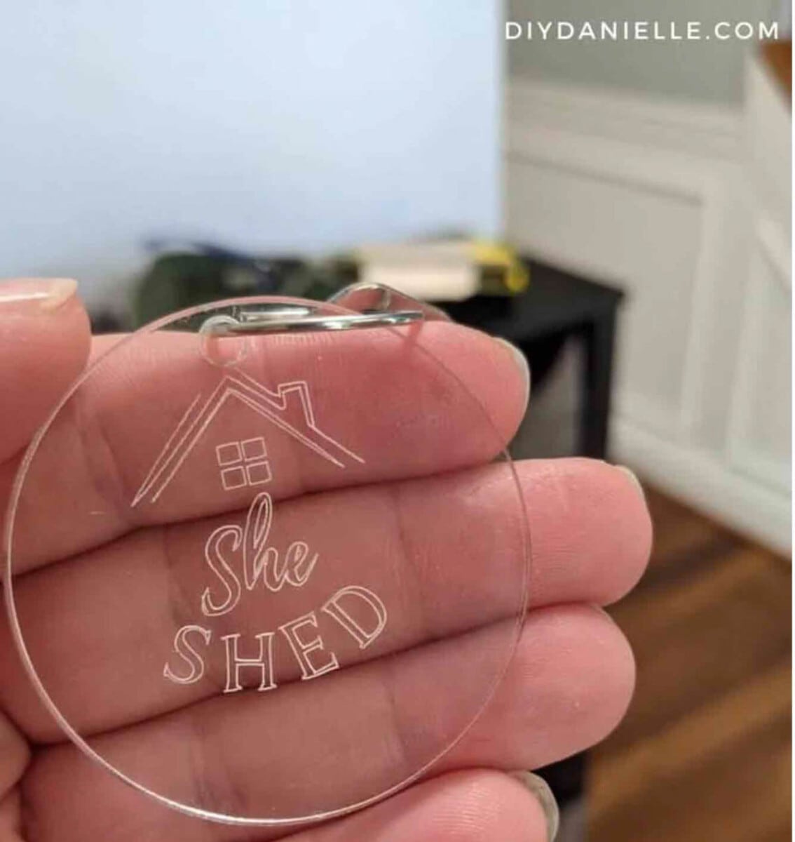 Round acrylic keychain with she shed engraved on it using Cricut engraving tip