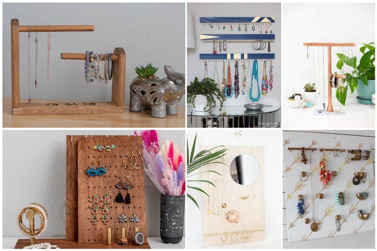Image collage of six diy jewelry organizers