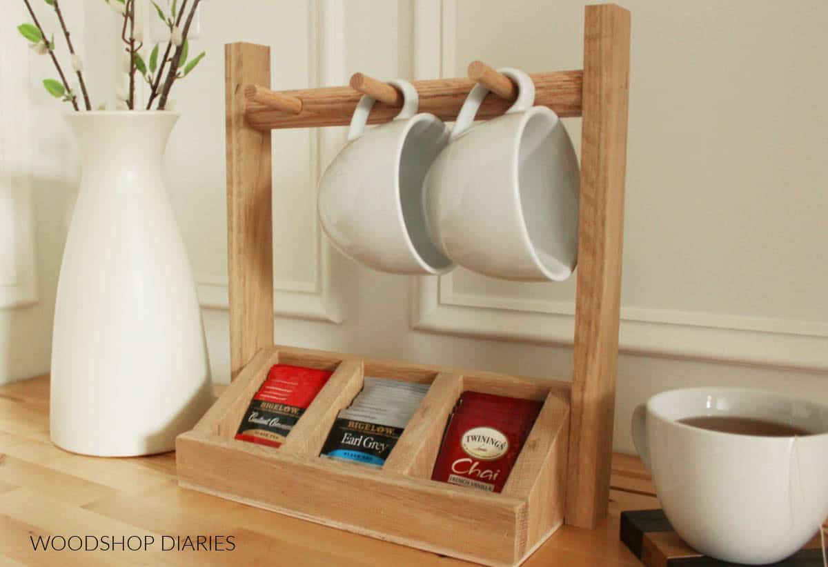 Tea storage with mug hooks