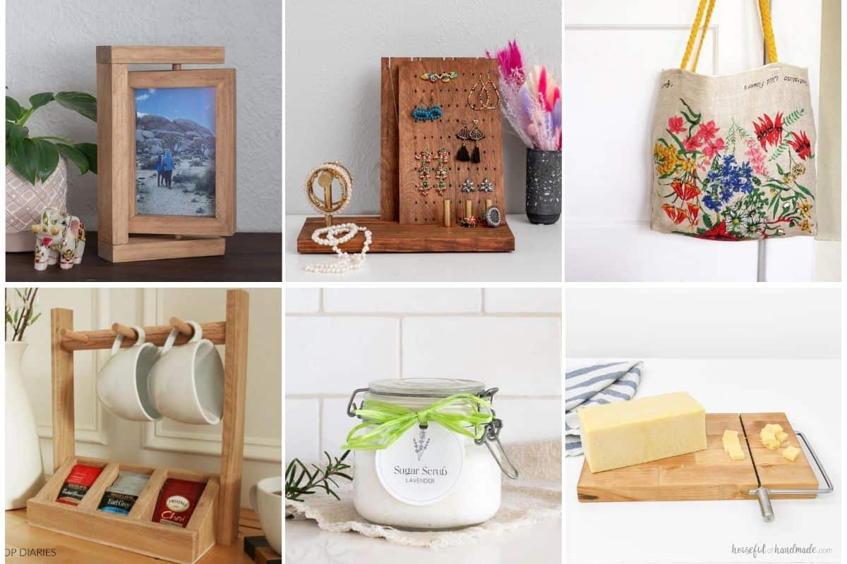 Image collage of six DIY gifts for her