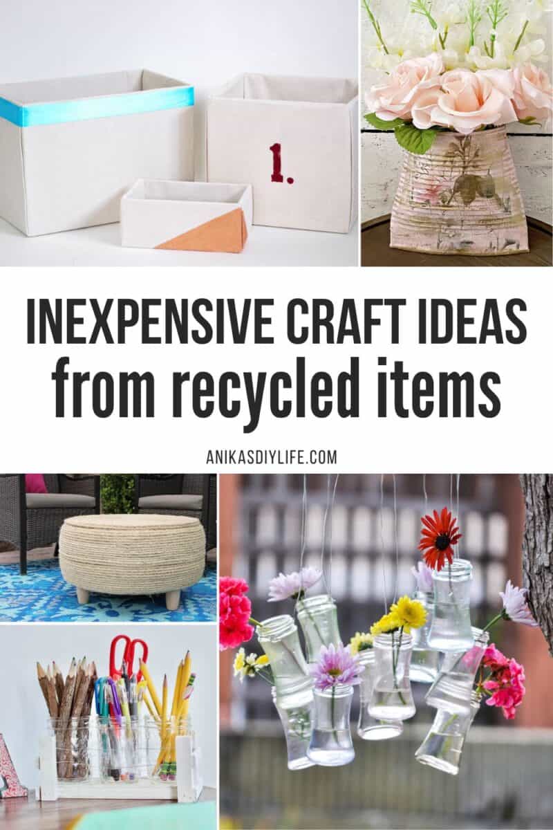 Image collage of six craft ideas from recycling bin items