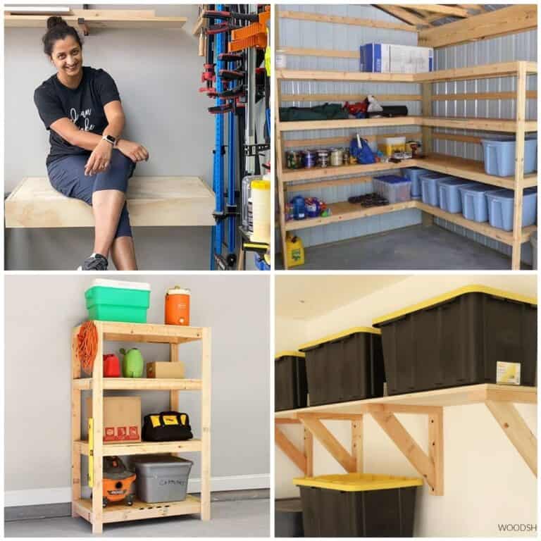 Image collage of four DIY garage shelves