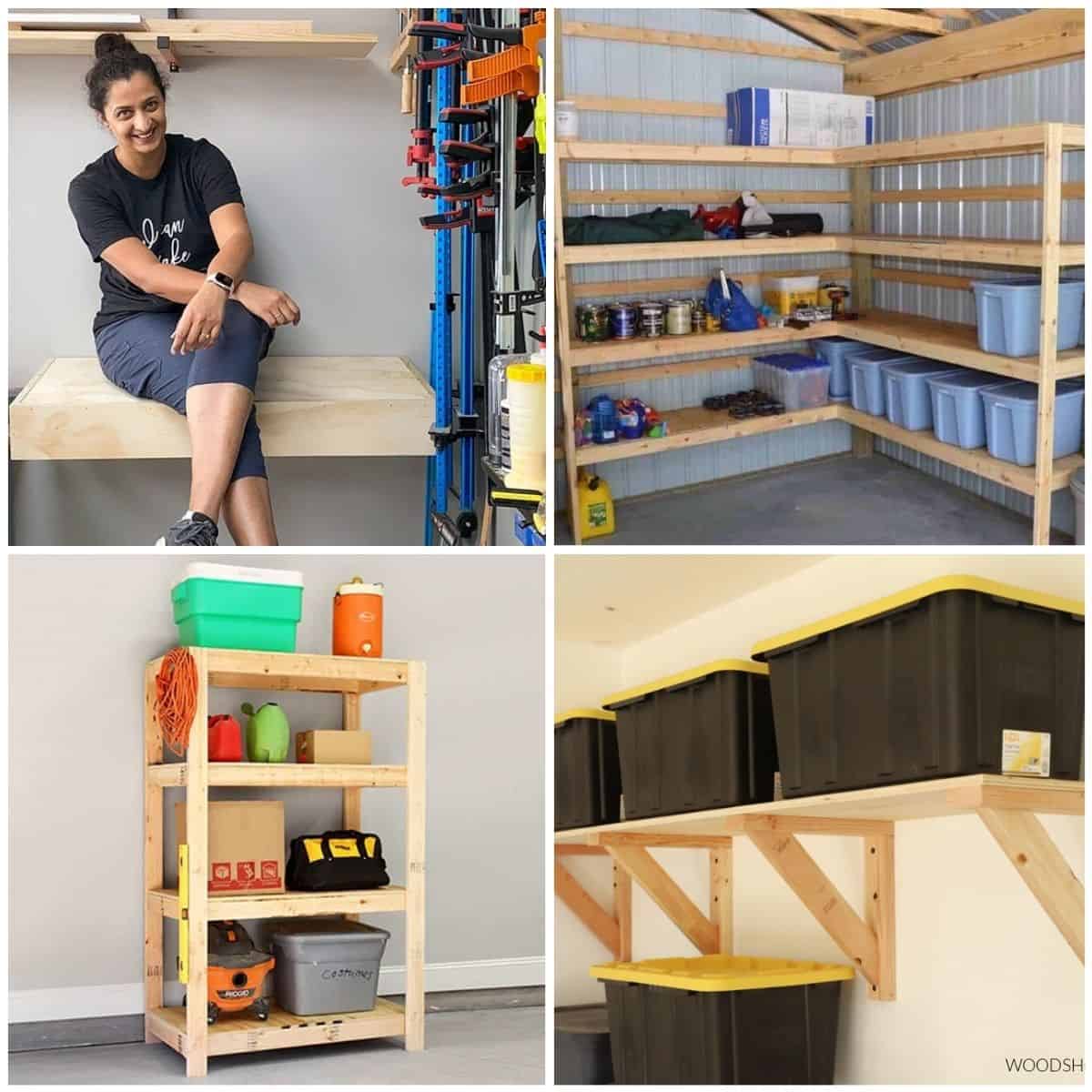 Image collage of four DIY garage shelves