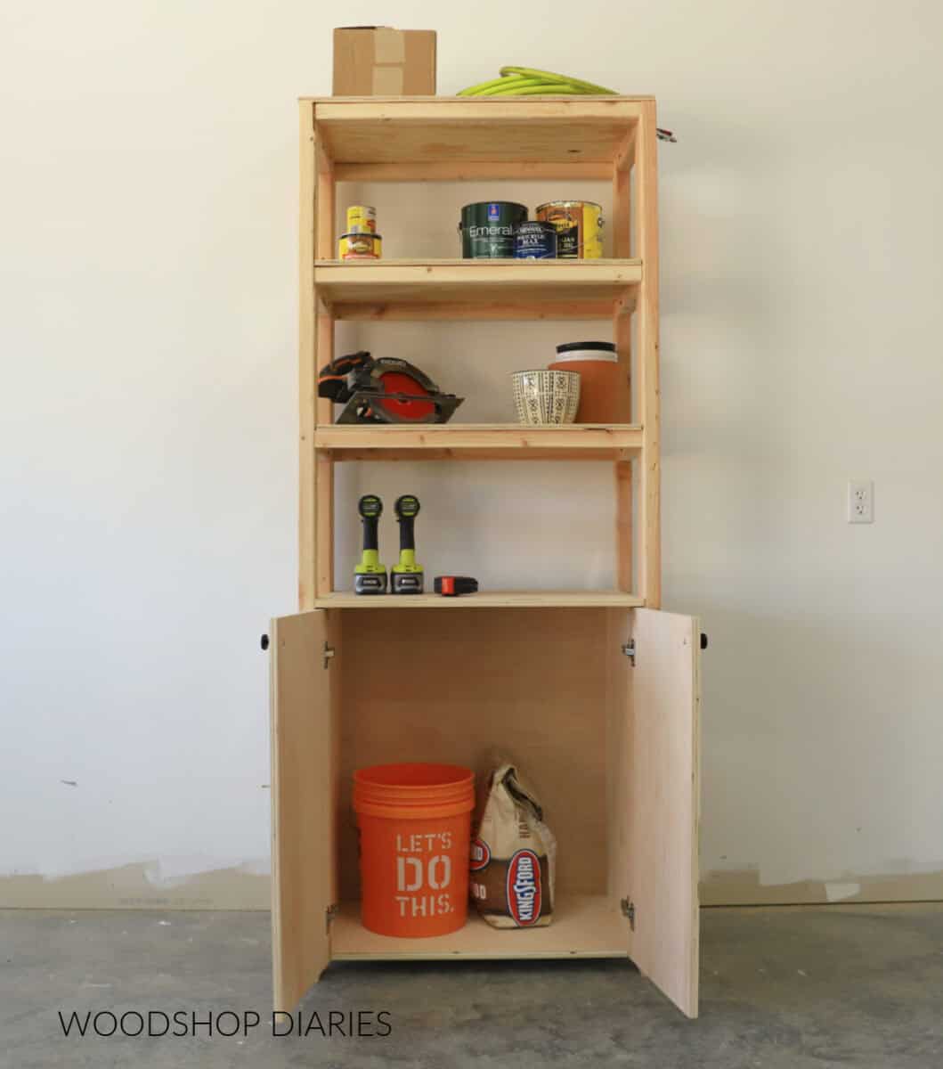 DIY garage shelving idea with storage cabinet