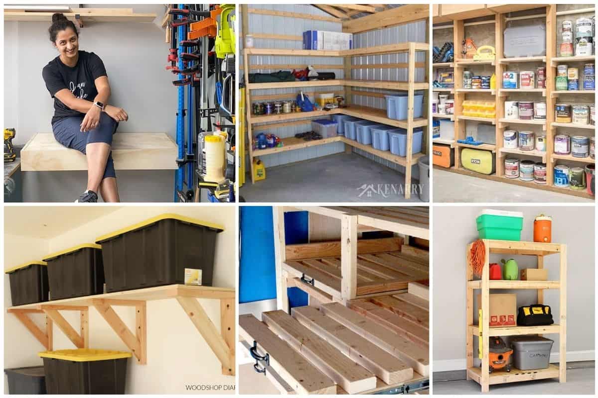Image collage of six DIY garage shelves ideas.