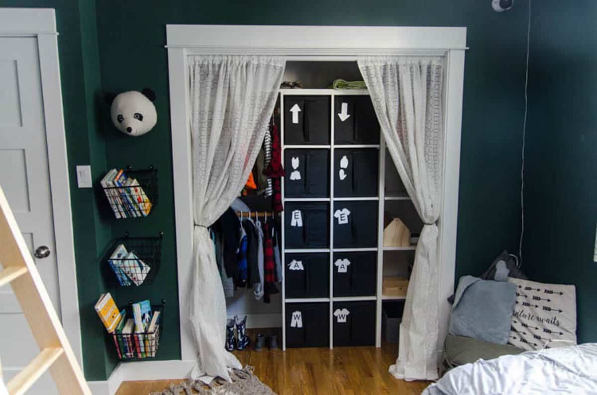 kids closet with Ikea bin organizer