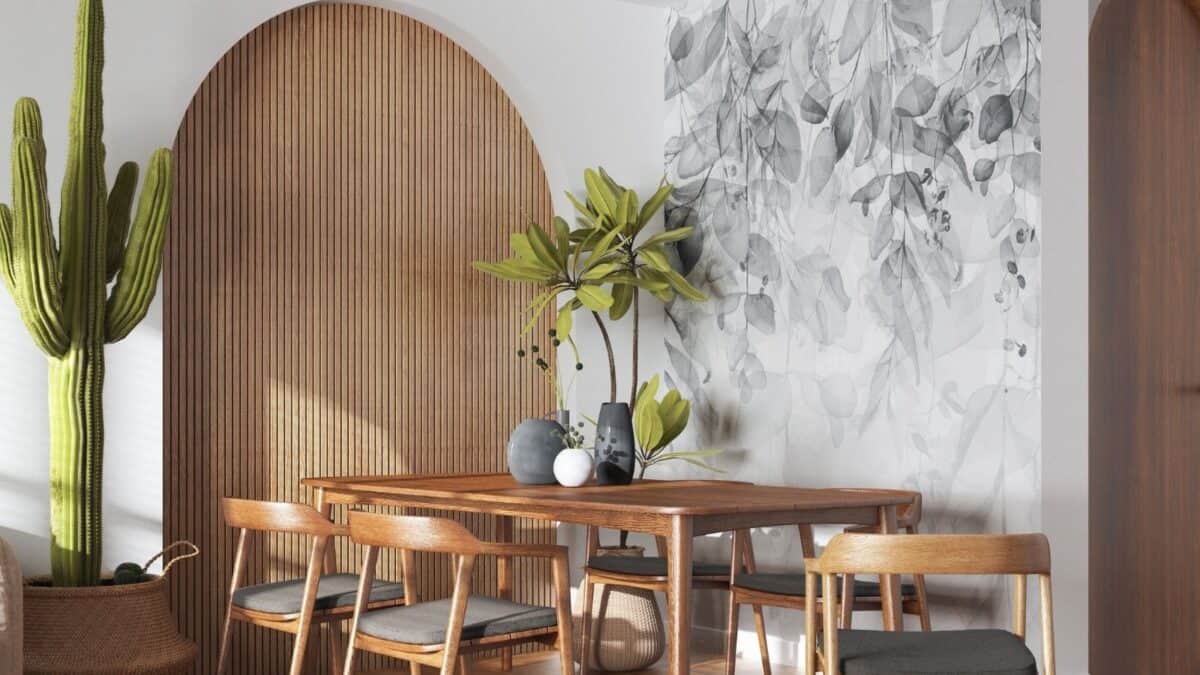 Wallpaper on an accent wall in the dining room