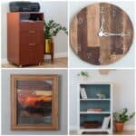 Image collage of four plywood projects including a clock, a filing cabinet and printer stand, a bookshelf, and a picture frame.