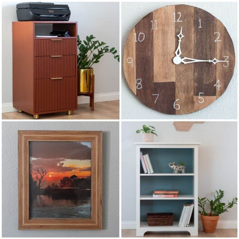 Image collage of four plywood projects including a clock, a filing cabinet and printer stand, a bookshelf, and a picture frame.