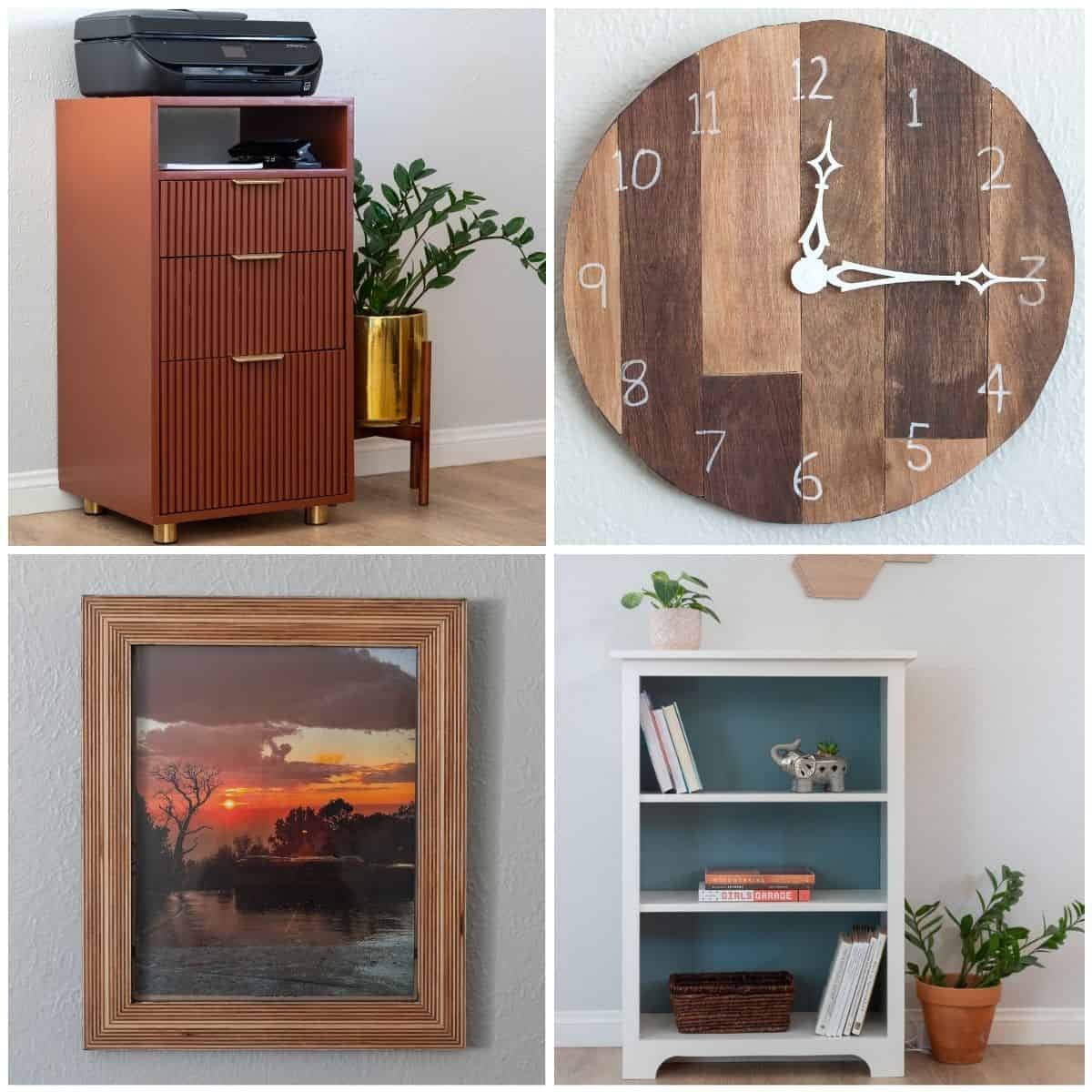 Image collage of four plywood projects including a clock, a filing cabinet and printer stand, a bookshelf, and a picture frame.