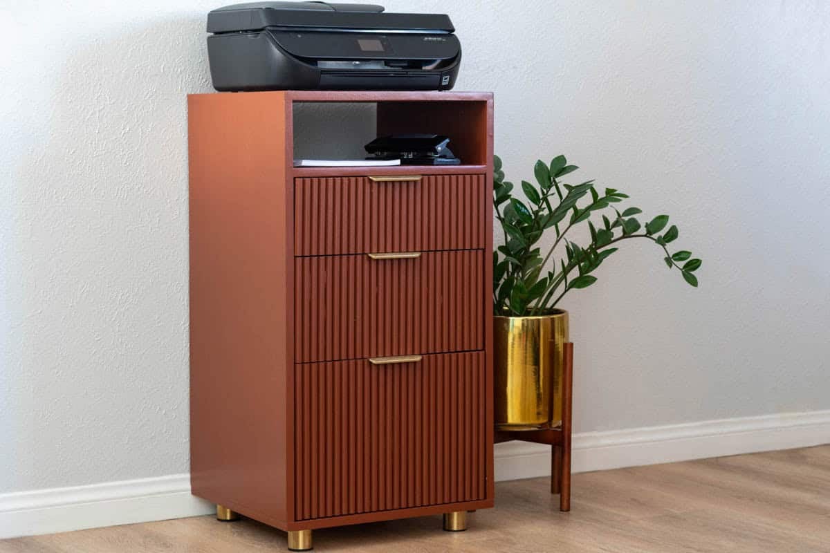 DIY file cabinet/printer stand with fluted drawer fronts and made with plywood