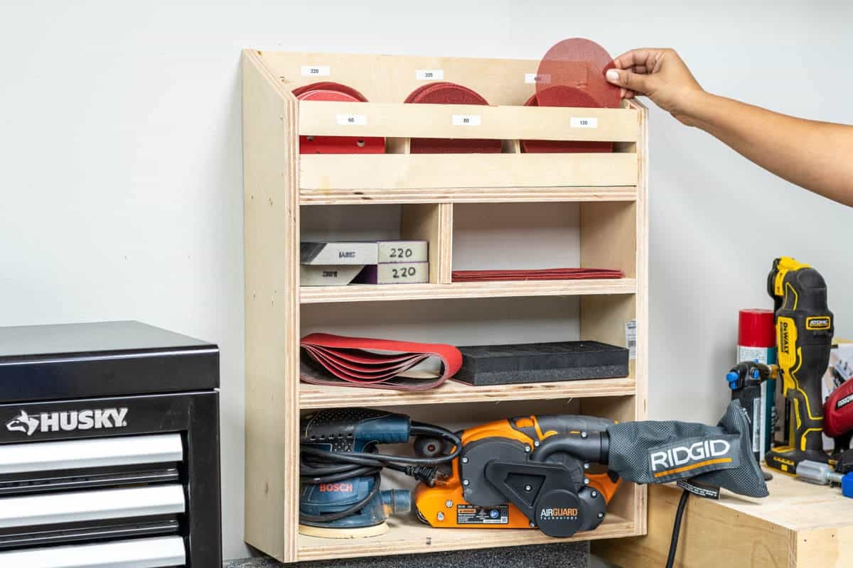 Sandpaper and sander organizer and storage, plywood project for the workshop or garage.