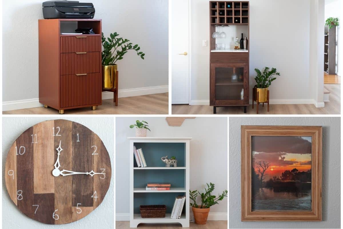image collage of five plywood projects including a tall bar cabinet, filing cabinet and printer stand, a clock, bookshelf and picture frame.