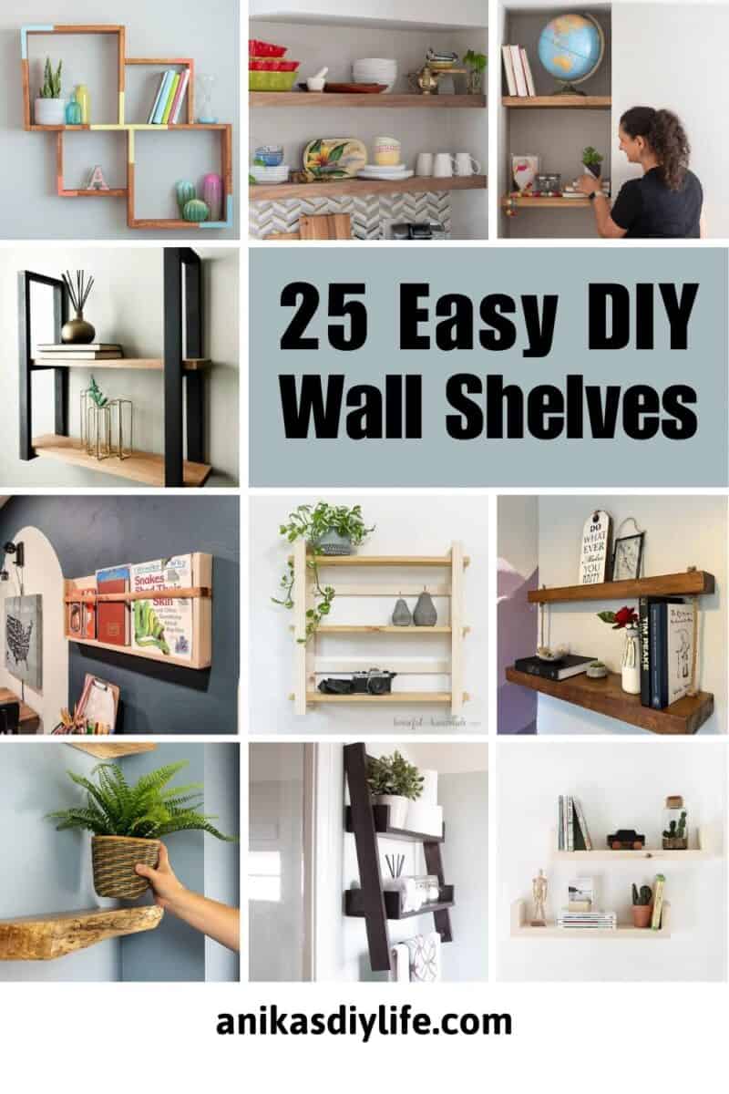 Image collage of ten DIY wall shelves with text overlay