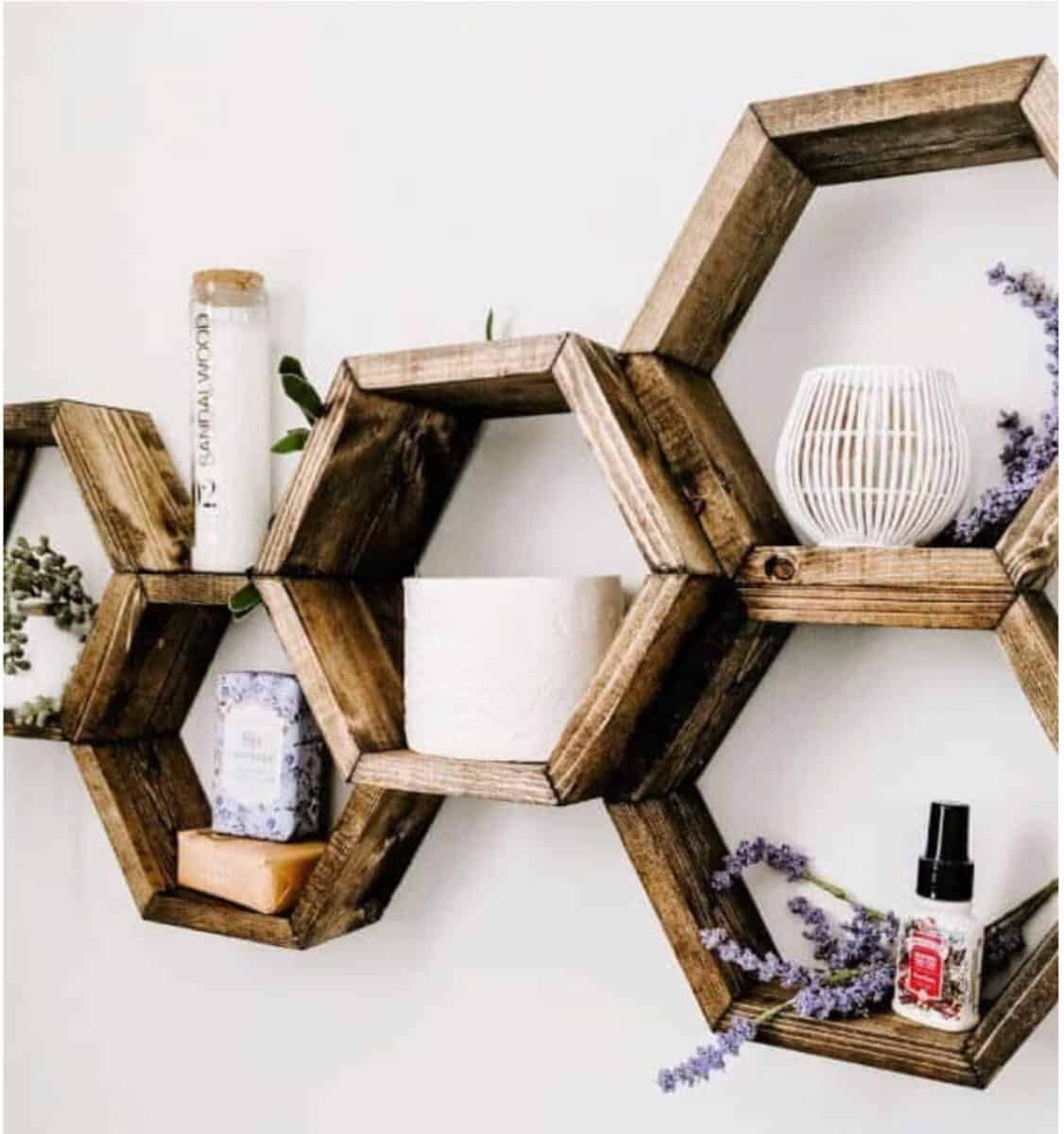 Hexagon shaped wall shelves made with wood