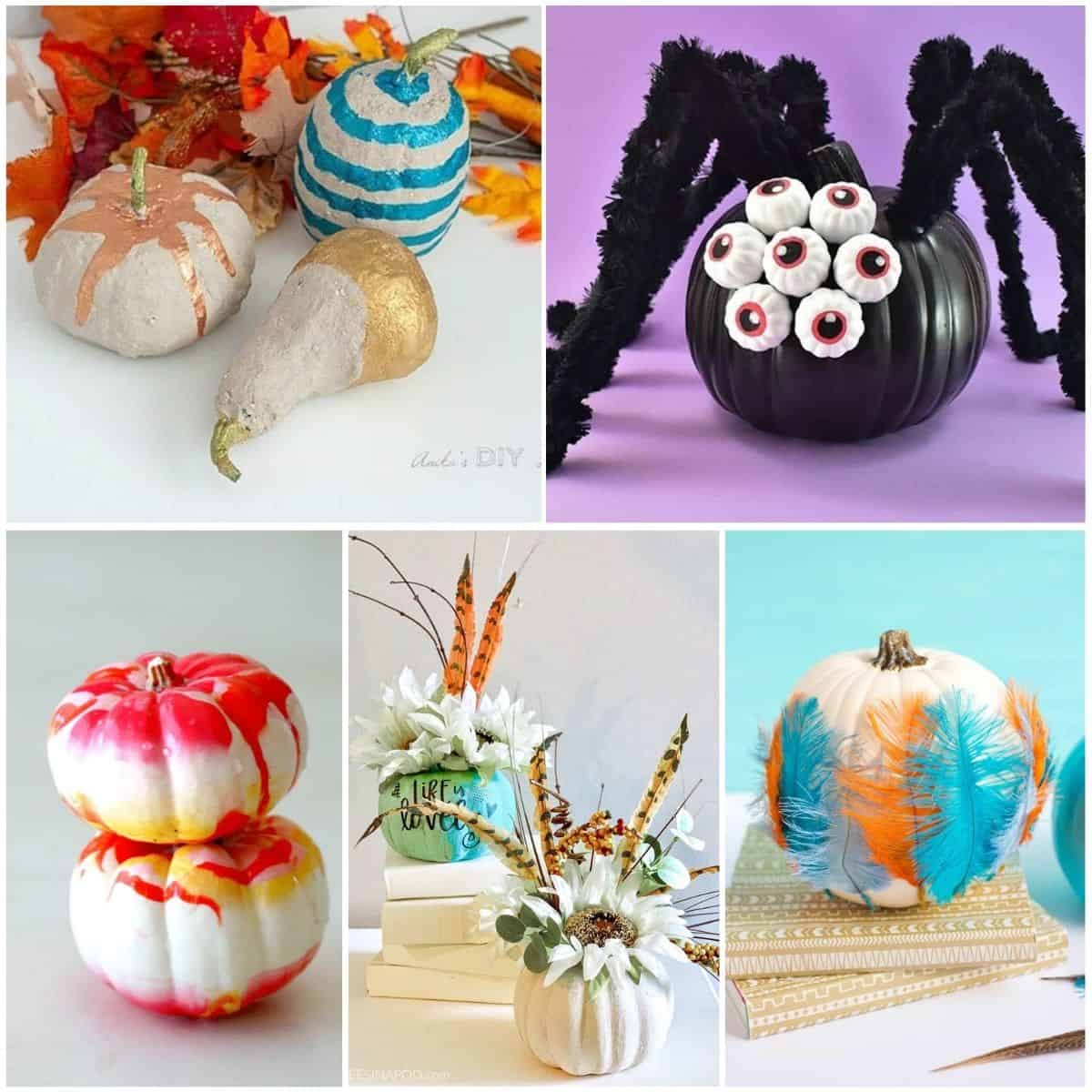 image collage of five no-carve pumpkin ideas