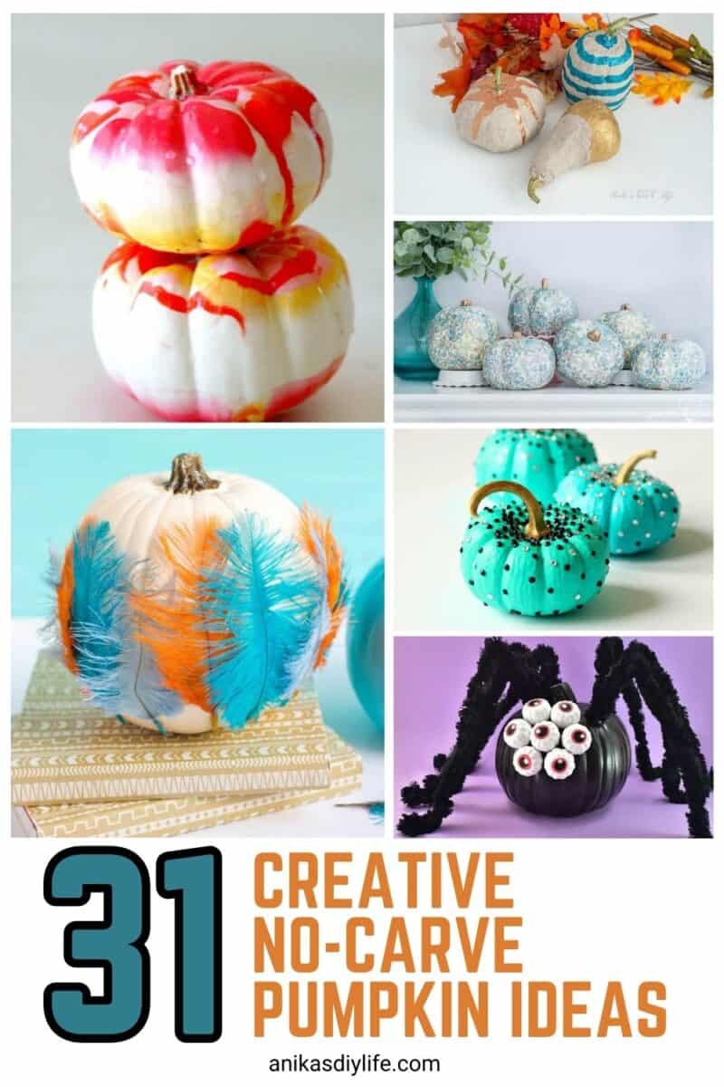 Image collage of six no-carve pumpkin ideas with text overlat