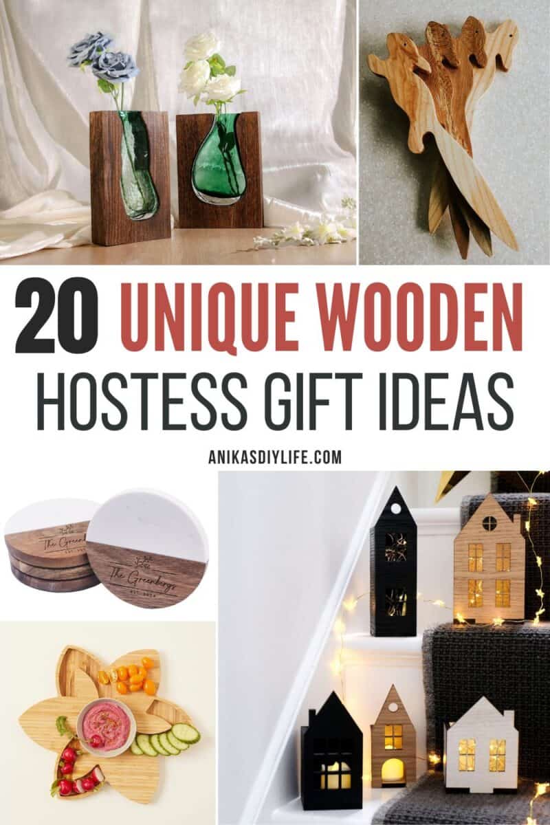 Image collage of five wooden hostess gift ideas with text overlay