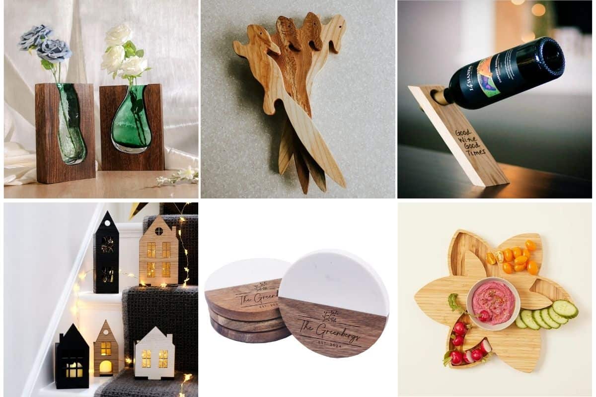 Image collage of six wooden hostess gift ideas