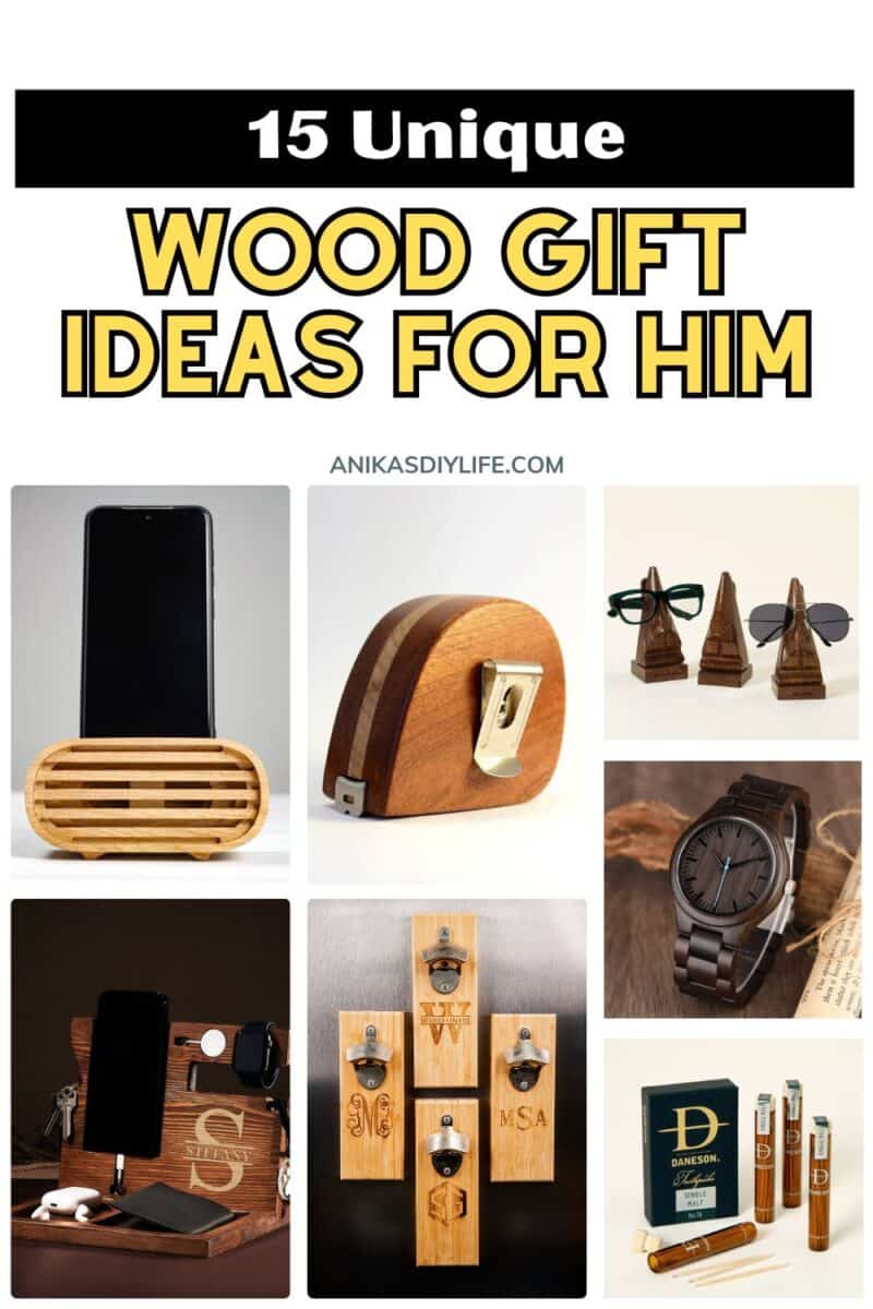 image collage of seven wood gift ideas for him with text overlay