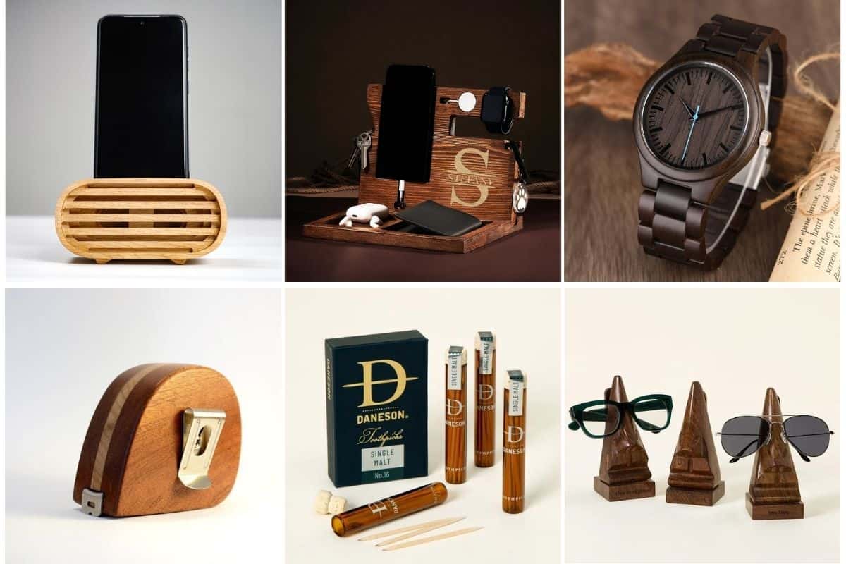 image collage of six wood gifts for him