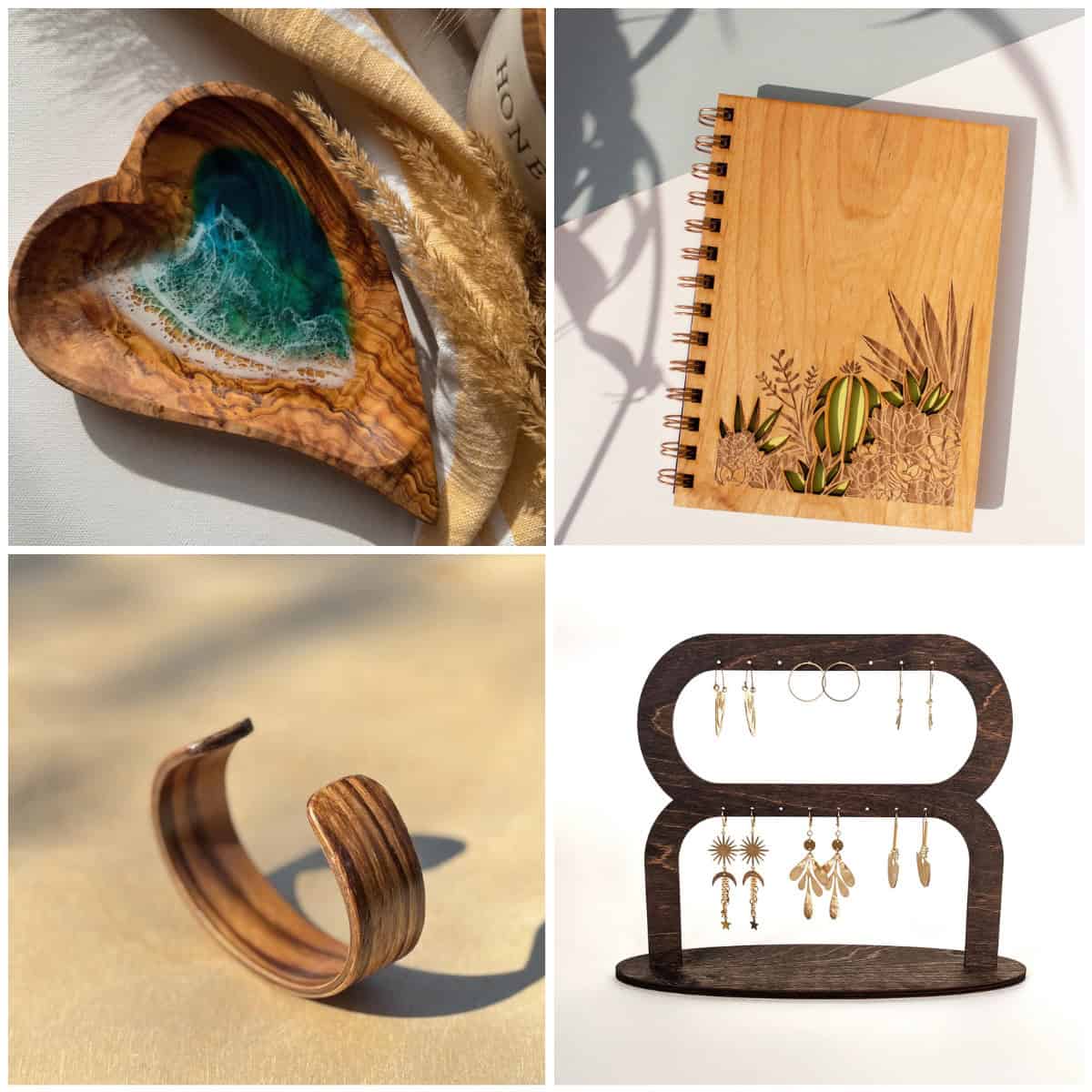 image collage of four wooden gifts for her