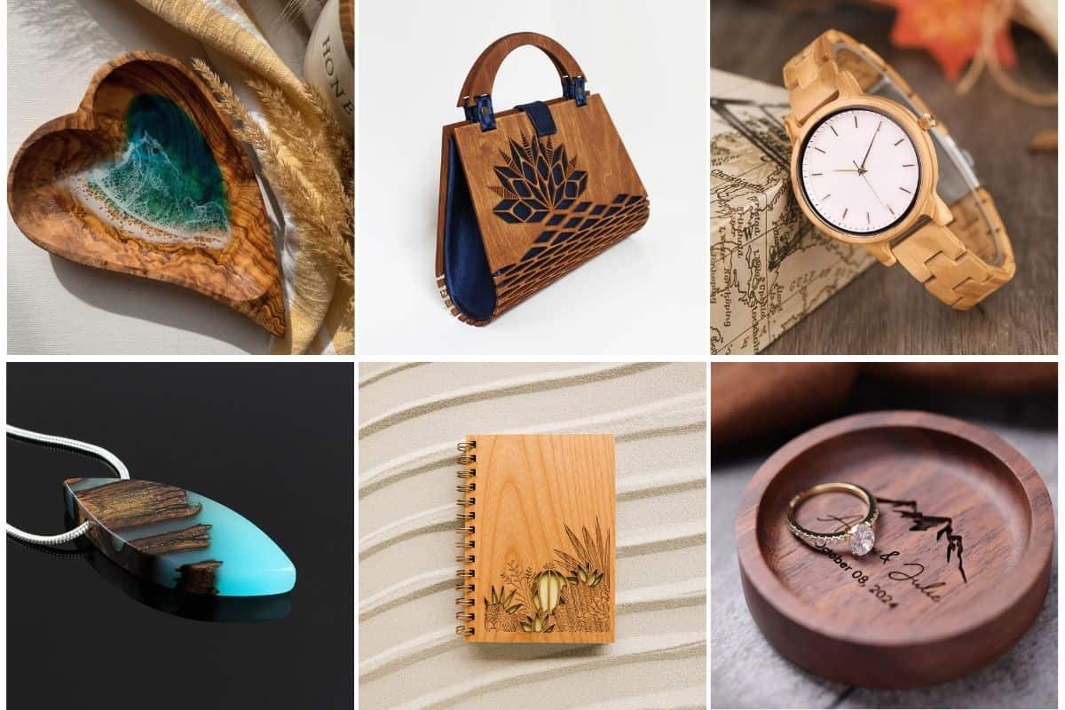 Image collage of six unique wood gifts for her