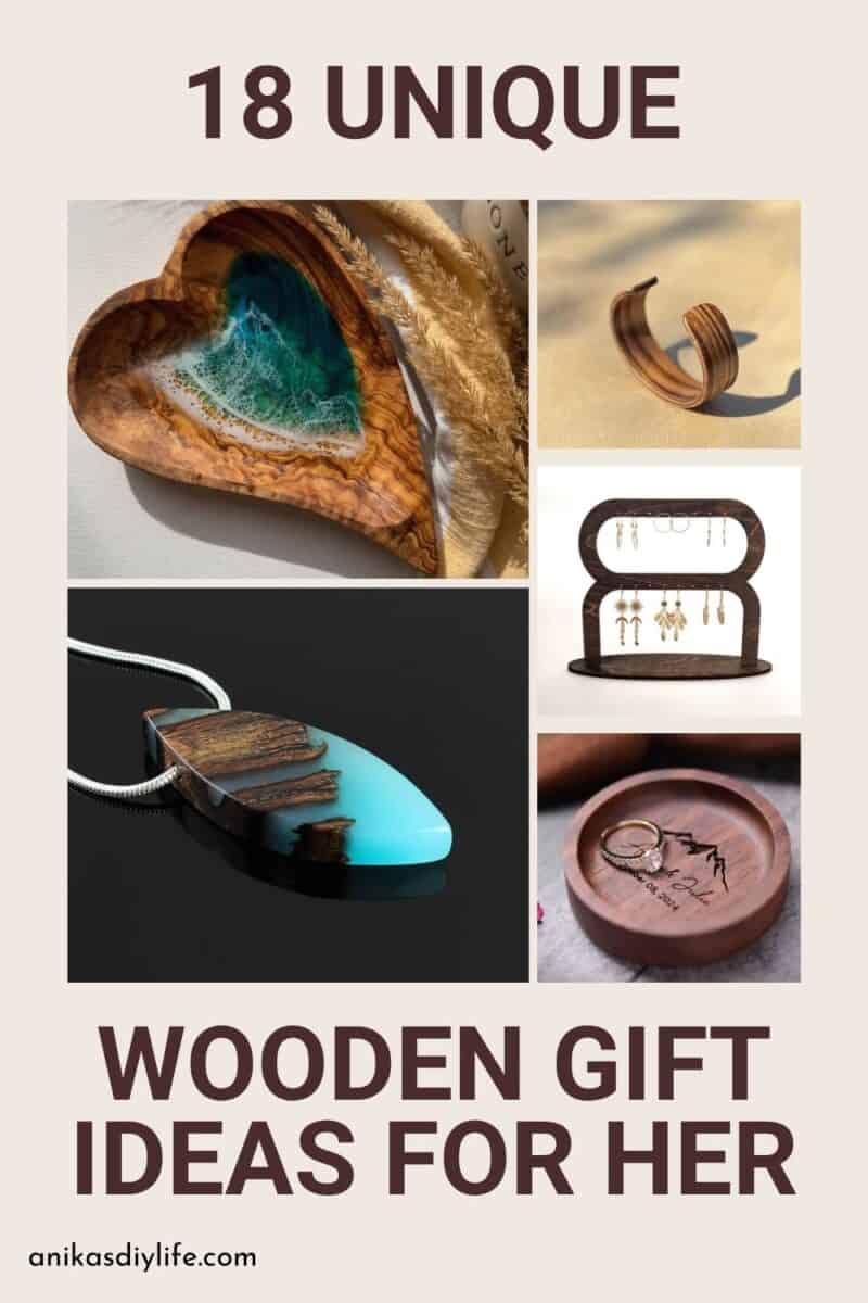 Image collage of five wooden gifts for her