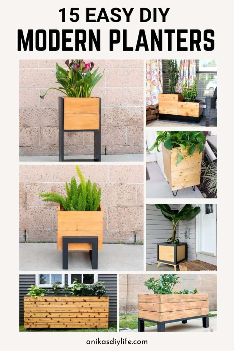 Image collage of seven DIY modern planter box ideas with text overlay