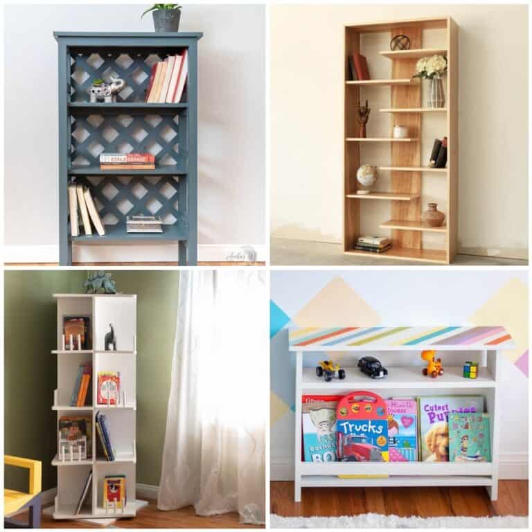 Image collage of four DIY bookcases