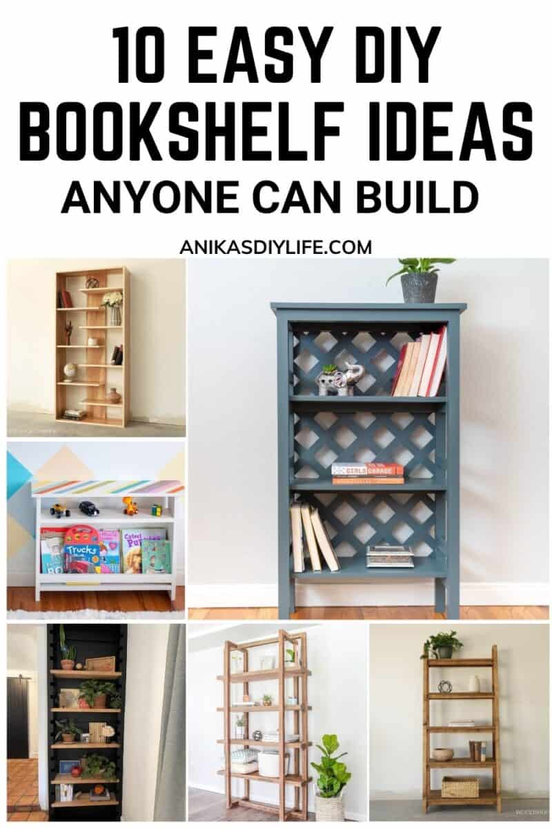 Image collage of six DIY bookself ideas with text overlay