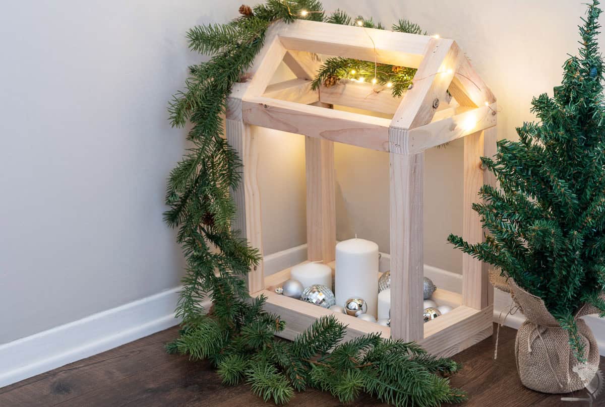 DIY wood lantern with Holiday decor.
