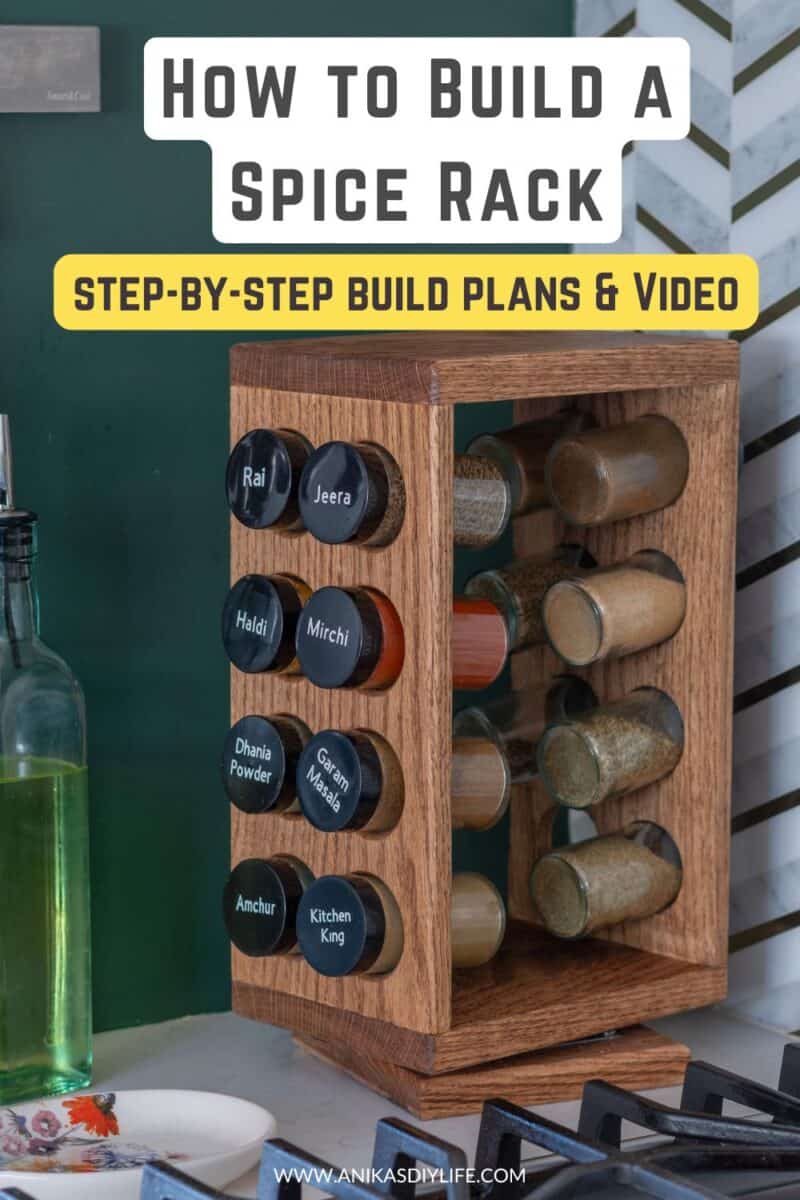 DIY wooden Spice rack loaded with spice bottles on kitchen counter with text overlay