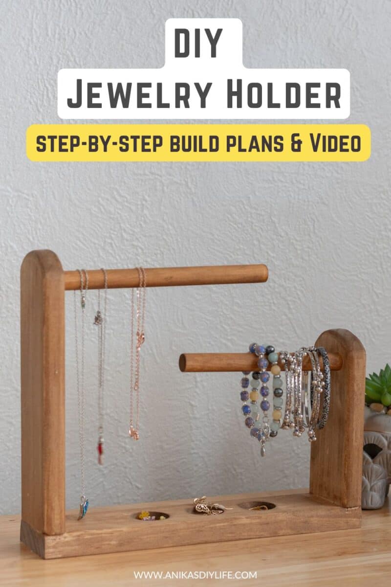 DIY Tabletop jewelry holder on table with jewelry and text overlay