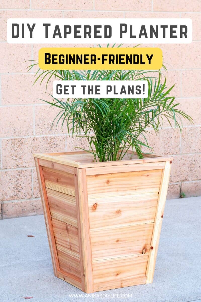 DIY tapered planter box made from cedar on a concrete driveway with text overlay - DIY tapered planter, beginner-friendly, get the plans.