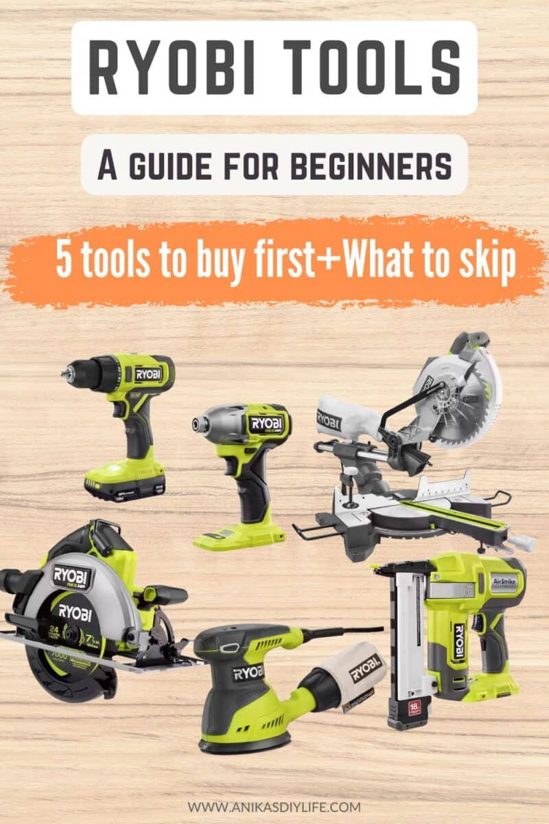collage of collection of Ryobi tools on a wood background