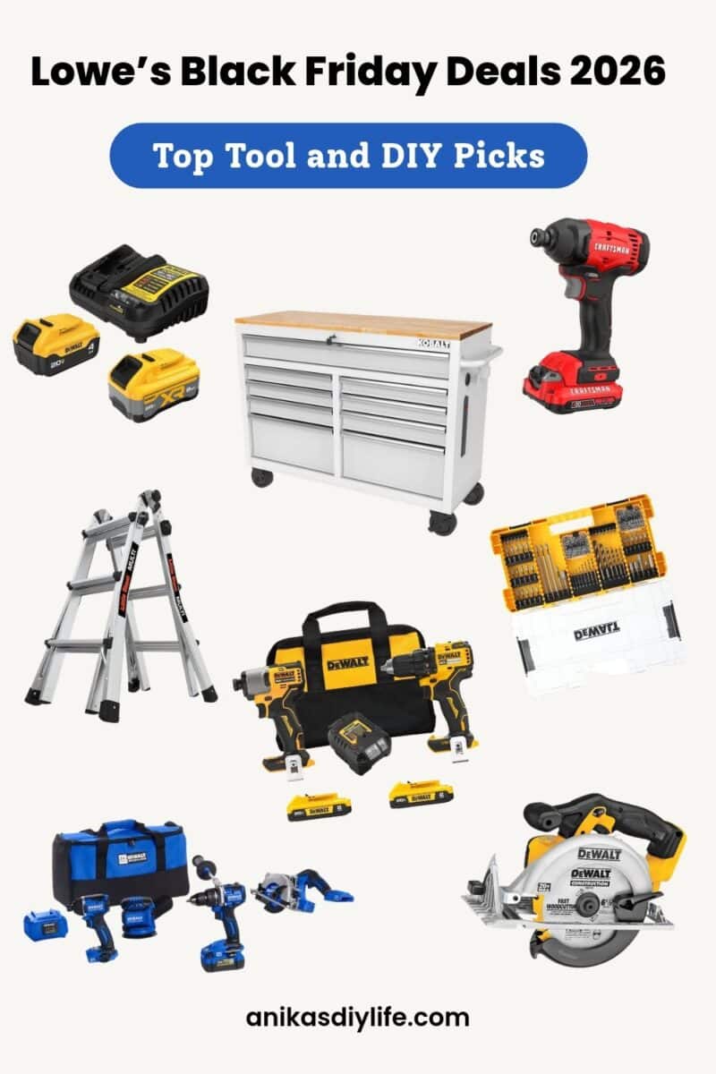 Image collage of 8 tools on sale for black friday at lowe's with text overlay
